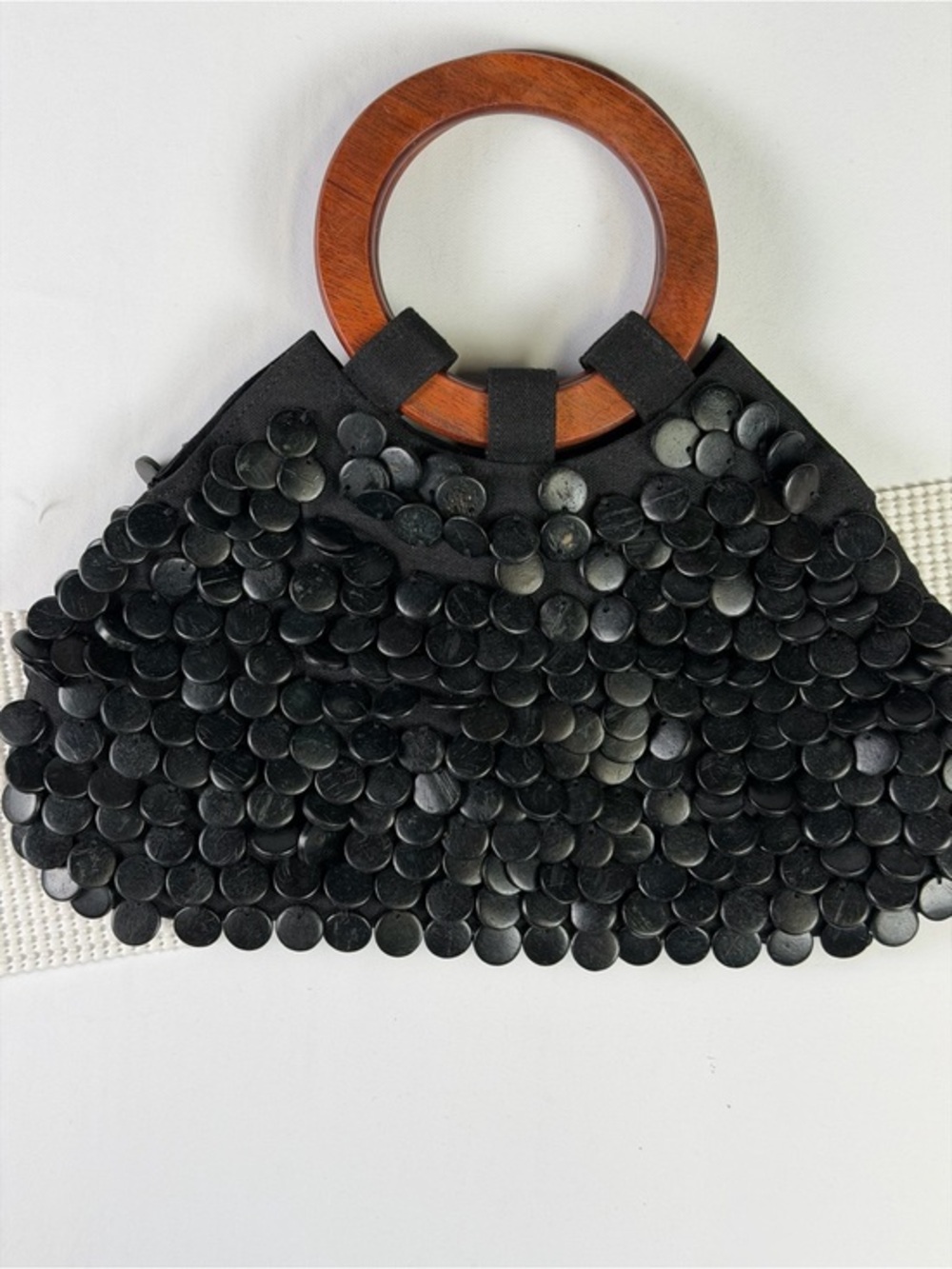 Vintage Wood Handle Black Flapper Style Wood Bead Eclectic and Fun Handbag